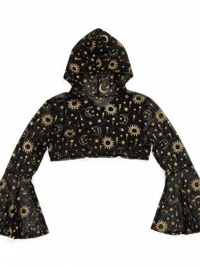 Celestial Sun Moon Stars Cropped Hooded Shrug Bell Sleeve Top